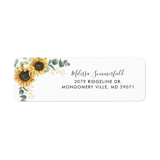 Sunflower Floral Eucalyptus Weduwingadres Etiket (Voorkant)