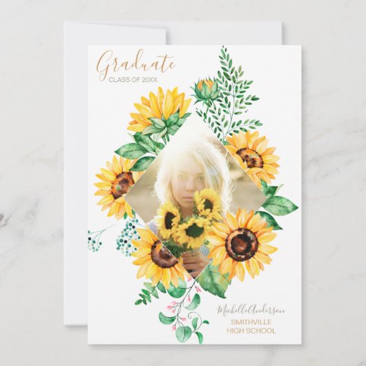 Sunflower Floral Gold Photo-Afstuderen Aankondiging (Voorkant)