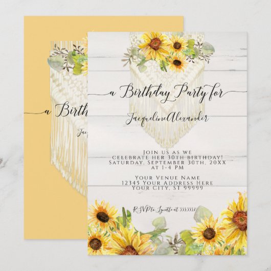 Sunflower Floral Leaf Macrame Boho Birthday Party Kaart (Voorkant / Achterkant)