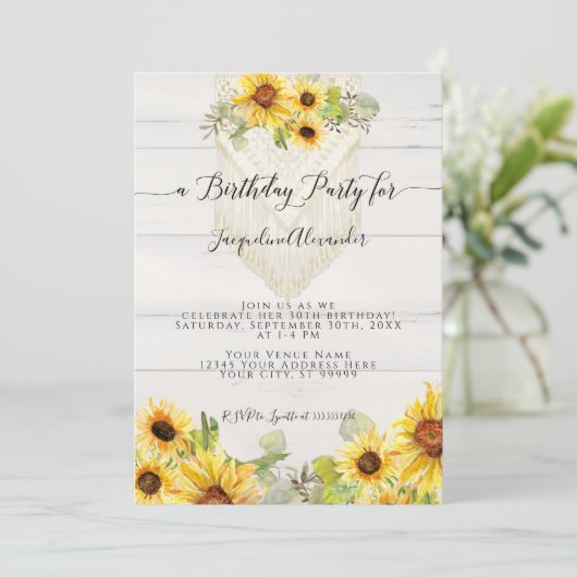Sunflower Floral Leaf Macrame Boho Birthday Party Kaart (Staand voorkant)