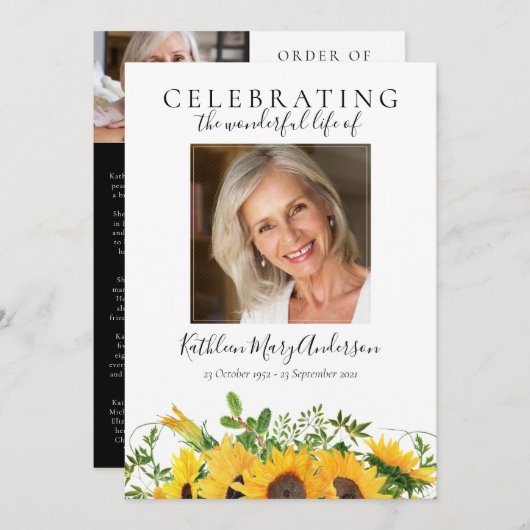 Sunflower Floral Photo Funeral Programmakaart (Voorkant / Achterkant)