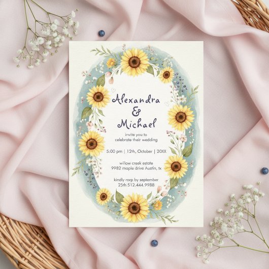 Sunflower Floral Watercolor Wedding Invite Kaart