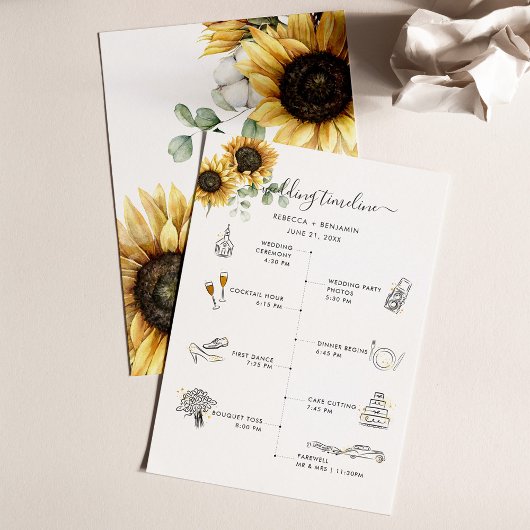 Sunflower Floral Wedding Itinerary with Icons Programmakaart