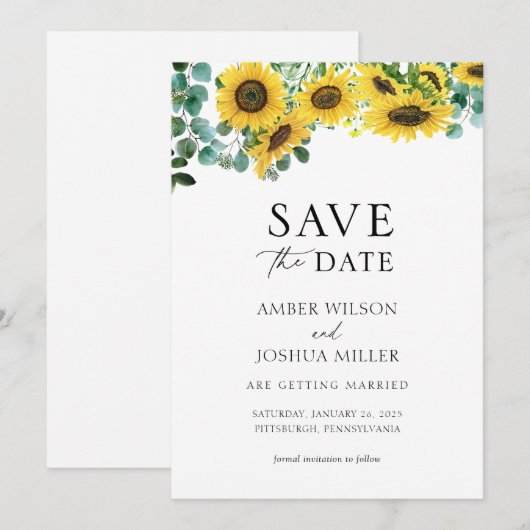 Sunflower Floral Wedding Save the Date Kaart (Voorkant / Achterkant)