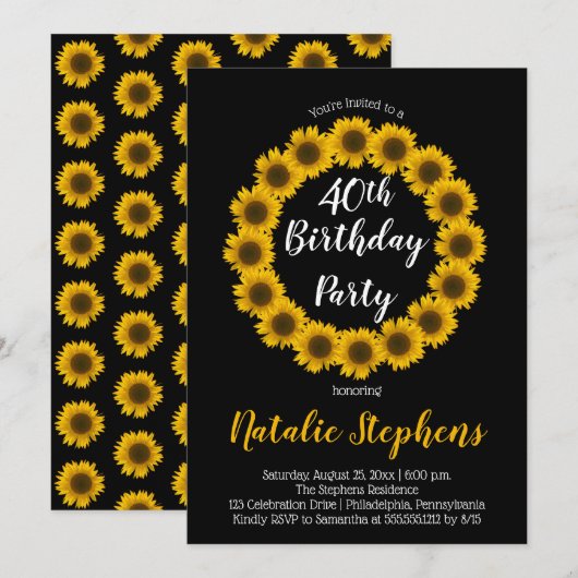 Sunflower Floral Wreath Birthday Party Invitation Kaart (Voorkant / Achterkant)