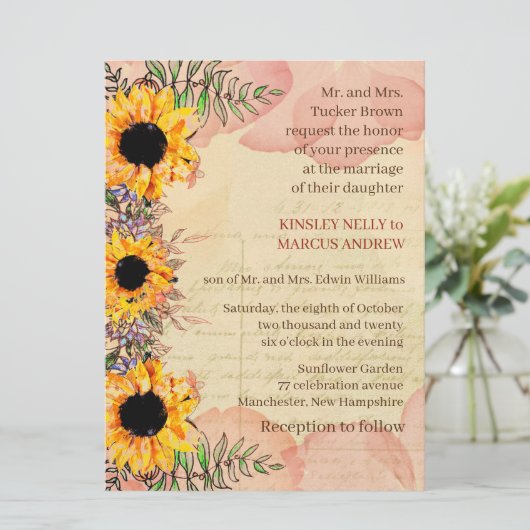 Sunflower Floral Yellow Rustic Wedding Invitation Kaart (Staand voorkant)