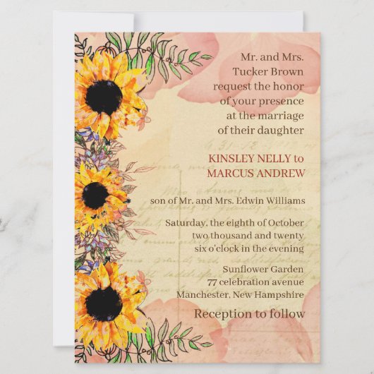 Sunflower Floral Yellow Rustic Wedding Invitation Kaart (Voorkant)