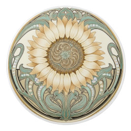 Sunflower Flower Green Cream Gold Art Deco Nouveau Keramische Knop