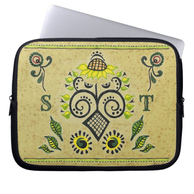 Sunflower Folk Pattern & Uw Initialen Laptop Sleeve (Voorkant)