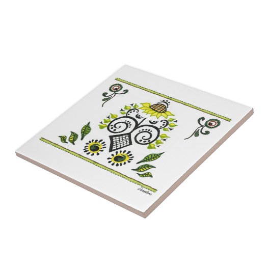 Sunflower Folk Pattern van Alexandra Cook Tegeltje (Zijkant)