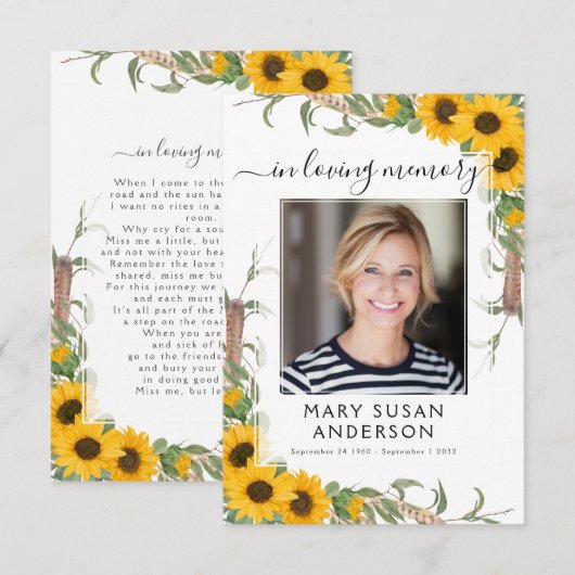 Sunflower Foto Funeral Memorial Poem Kaart (Voorkant / Achterkant)