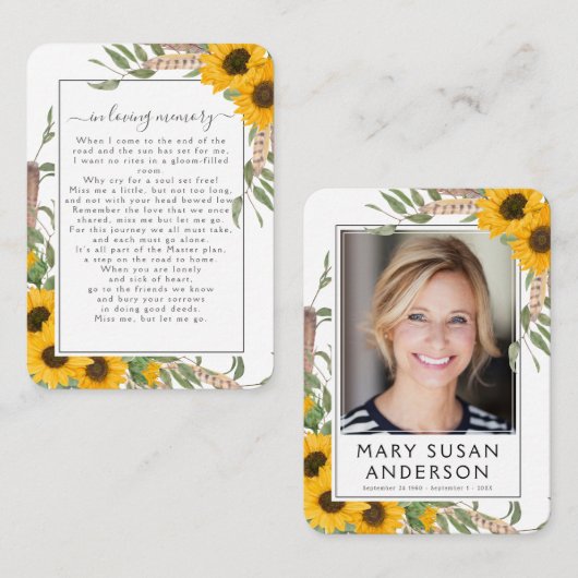 Sunflower Foto Funeral Memorial Poem Kaart Visitekaartje (Voorkant / Achterkant)