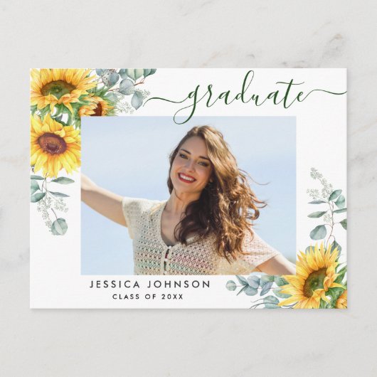 Sunflower FOTO Graduation Party Invitation Briefkaart (Voorkant)
