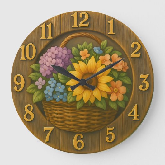 Sunflower Garden Basket Wooden Wall Clock Grote Klok (Voorkant)