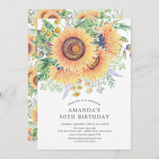 Sunflower Garden Birthday Party Invitation Kaart (Voorkant / Achterkant)