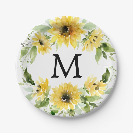 Sunflower Garden Monogram Papieren Borden Papieren Bordje (Voorkant)