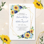 Sunflower Geometric Dusty Blue Floral Wedding Kaart<br><div class="desc">Deze trouwuitnodigingen zijn voorzien van een waterverf florale vormgeving met zonnebloemen,  hydrangea en marinesurblauwe rozen met een faux goud geometrisch lijst. Pas de uitnodigingsformulering aan met uw eigen tekst.</div>