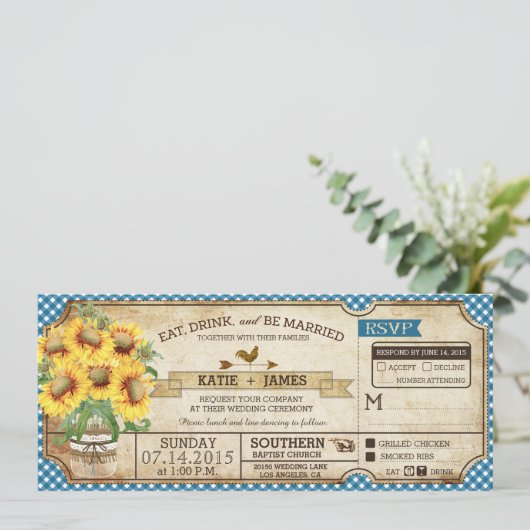 Sunflower Gingham Check Country Picnic Weddenschap Kaart (Staand voorkant)