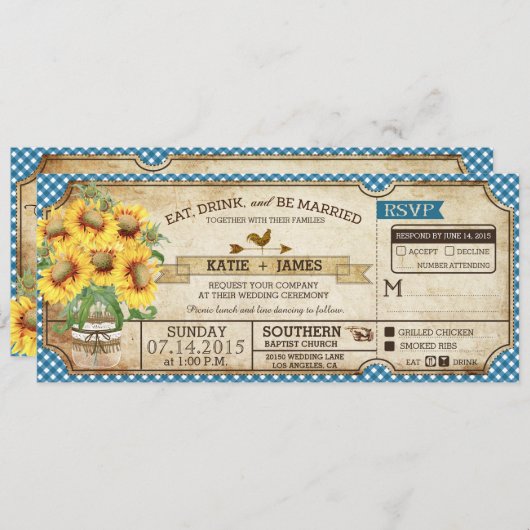Sunflower Gingham Check Country Picnic Weddenschap Kaart (Voorkant / Achterkant)