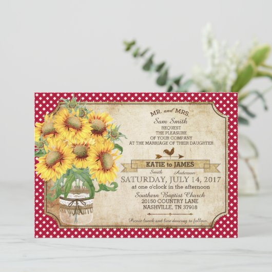 Sunflower Gingham Check Country Picnic Weddenschap Kaart (Staand voorkant)