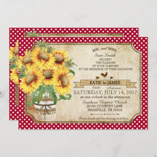 Sunflower Gingham Check Country Picnic Weddenschap Kaart (Voorkant / Achterkant)