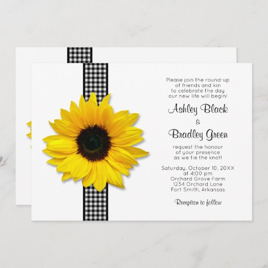 Sunflower Gingham Check Ribbon Wedding Invitation Kaart (Voorkant / Achterkant)