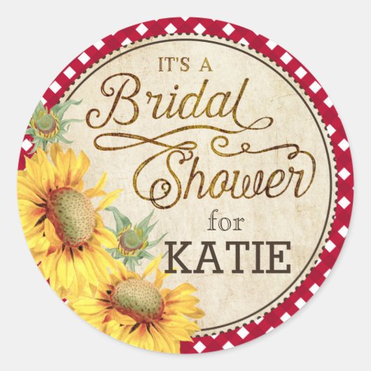 Sunflower Gingham Controleer rustiek Vrijgezellenf Ronde Sticker (Voorkant)