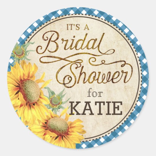Sunflower Gingham Controleer rustiek Vrijgezellenf Ronde Sticker (Voorkant)