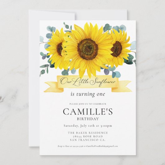 Sunflower Girl 1e verjaardag Uitnodiging (Voorkant)
