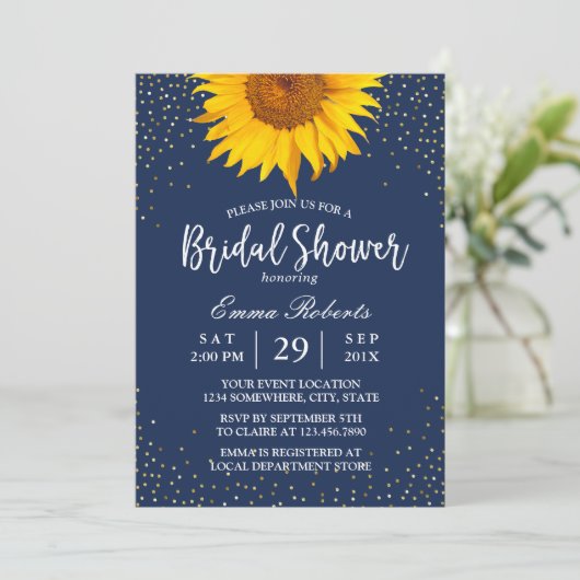 Sunflower Gold Confetti Navy Blue Vrijgezellenfees Kaart (Staand voorkant)