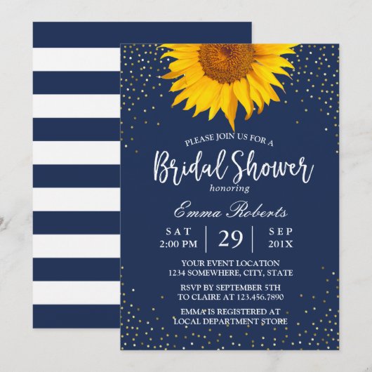 Sunflower Gold Confetti Navy Blue Vrijgezellenfees Kaart (Voorkant / Achterkant)