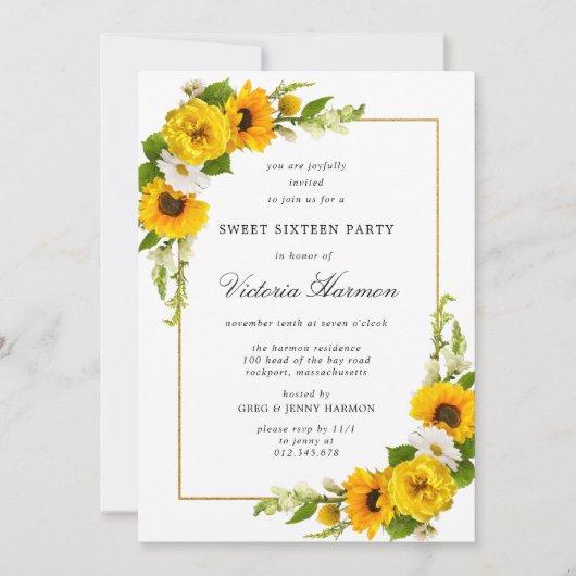 Sunflower Gold Lijst Sweet 16 Party Kaart (Voorkant)