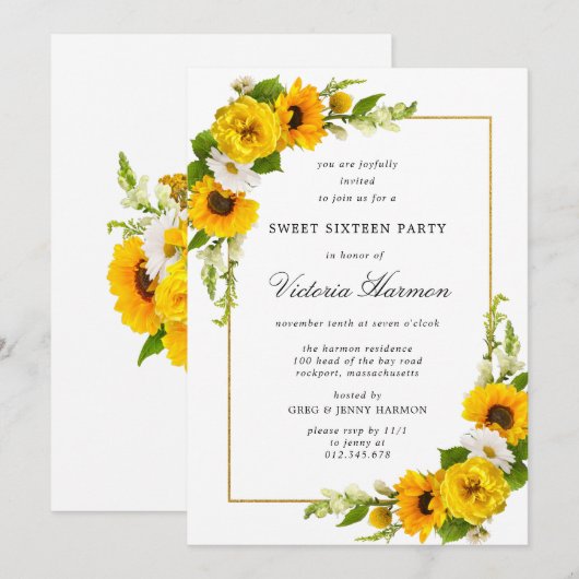 Sunflower Gold Lijst Sweet 16 Party Kaart (Voorkant / Achterkant)