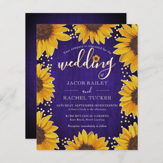 Sunflower Gold Stippen Blue Wood Weduwuitnodiging (Voorkant / Achterkant)