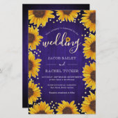 Sunflower Gold Stippen Blue Wood Weduwuitnodiging (Voorkant / Achterkant)