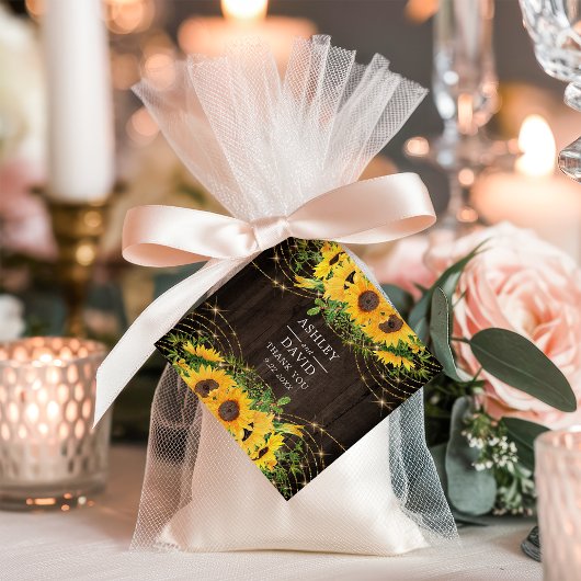 Sunflower Gold String Lights Rustic Wedding Bedankjes Labels