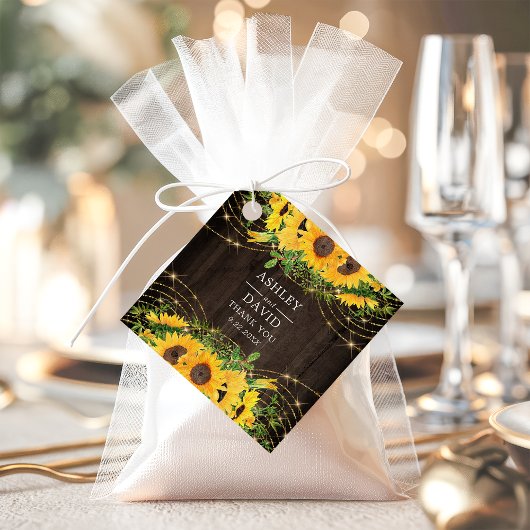 Sunflower Gold String Lights Rustic Wedding Bedankjes Labels