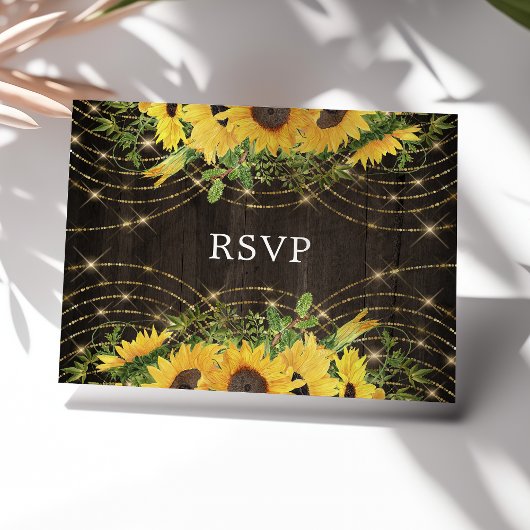 Sunflower Gold String Lights Rustic Wedding RSVP Briefkaart