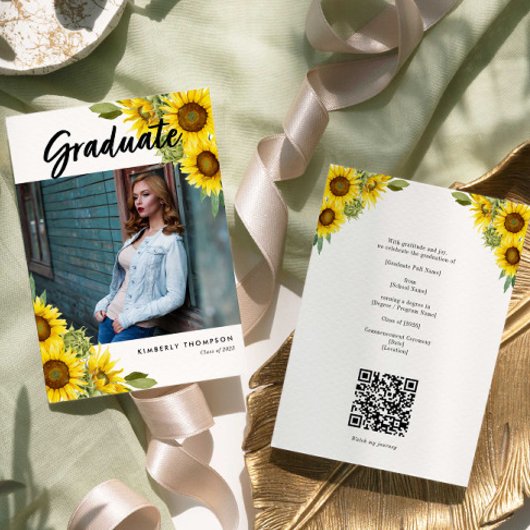 Sunflower Graduation Photo Rustic Floral QR Code Kaart