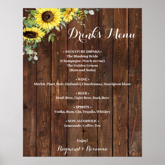 Sunflower Greenery Drink Menu Wedding Sign Poster (Voorkant)