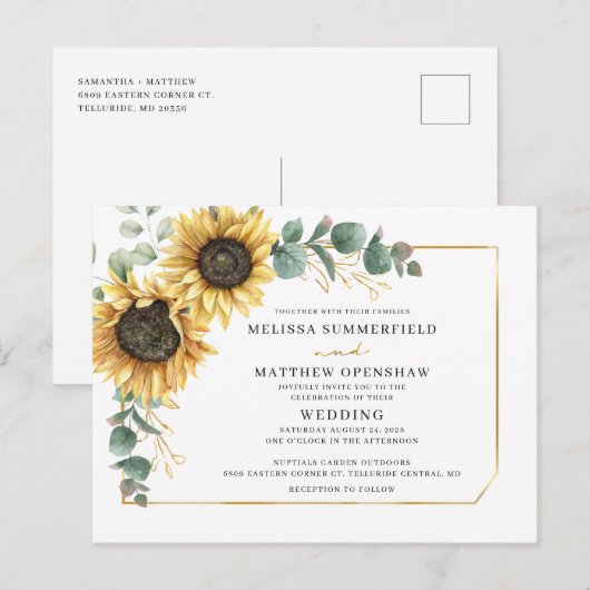 Sunflower Greenery Geometric Wedding Uitnodiging Briefkaart (Voorkant / Achterkant)