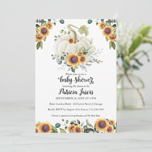 Sunflower Greenery Pumpkin Baby shower Invitation (Staand voorkant)