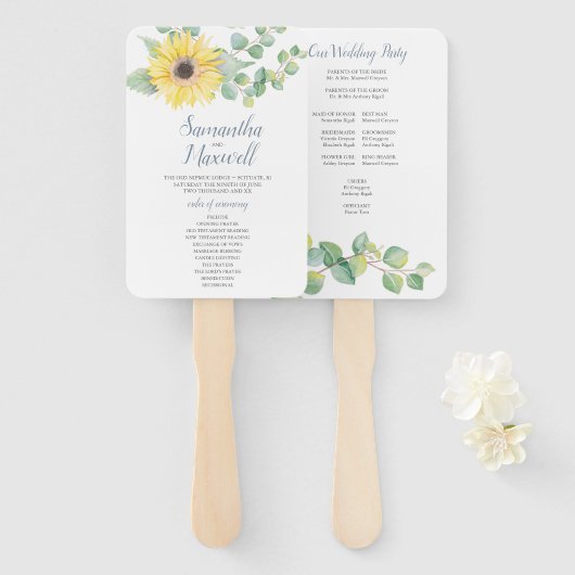 Sunflower Greenery Wedding Program Fan Handwaaier (Voorkant en achterkant)