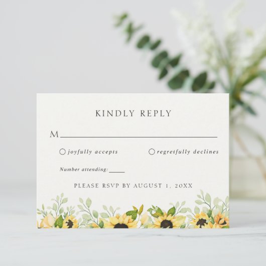 Sunflower Greenery Wedding RSVP Response Kaart (Staand voorkant)
