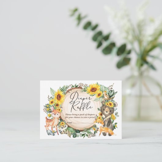 Sunflower Greenery Woodland Animals Diaper Raffle Informatiekaartje (Staand voorkant)