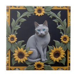 Sunflower Grey Cats - Gray Cat & Yellow Sunflowers Tegeltje