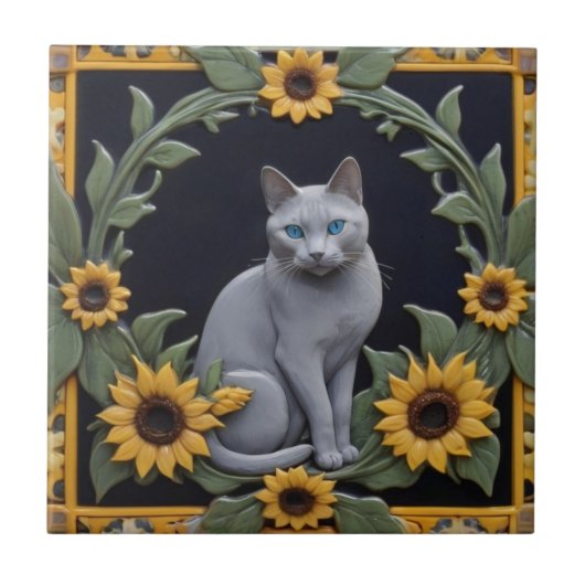 Sunflower Grey Cats - Gray Cat & Yellow Sunflowers Tegeltje (Voorkant)