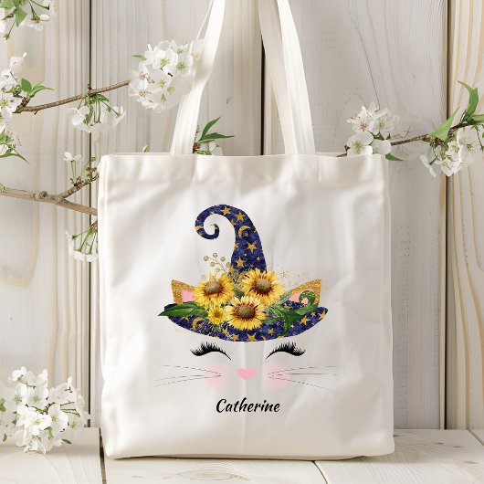Sunflower Halloween Witch Cat Kitty Personalized Tote Bag