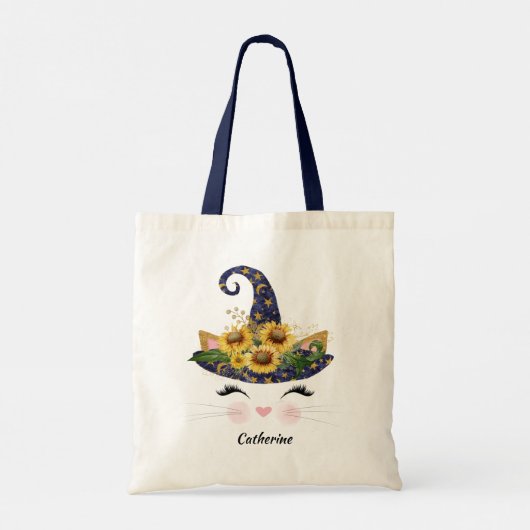 Sunflower Halloween Witch Cat Kitty Personalized Tote Bag (Achterkant)