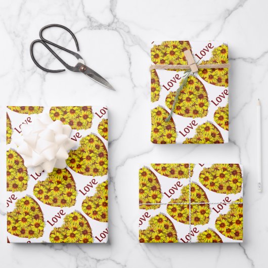 Sunflower Heart Wrapping Paper Flat Sheet Set of 3 (Voorkant)
